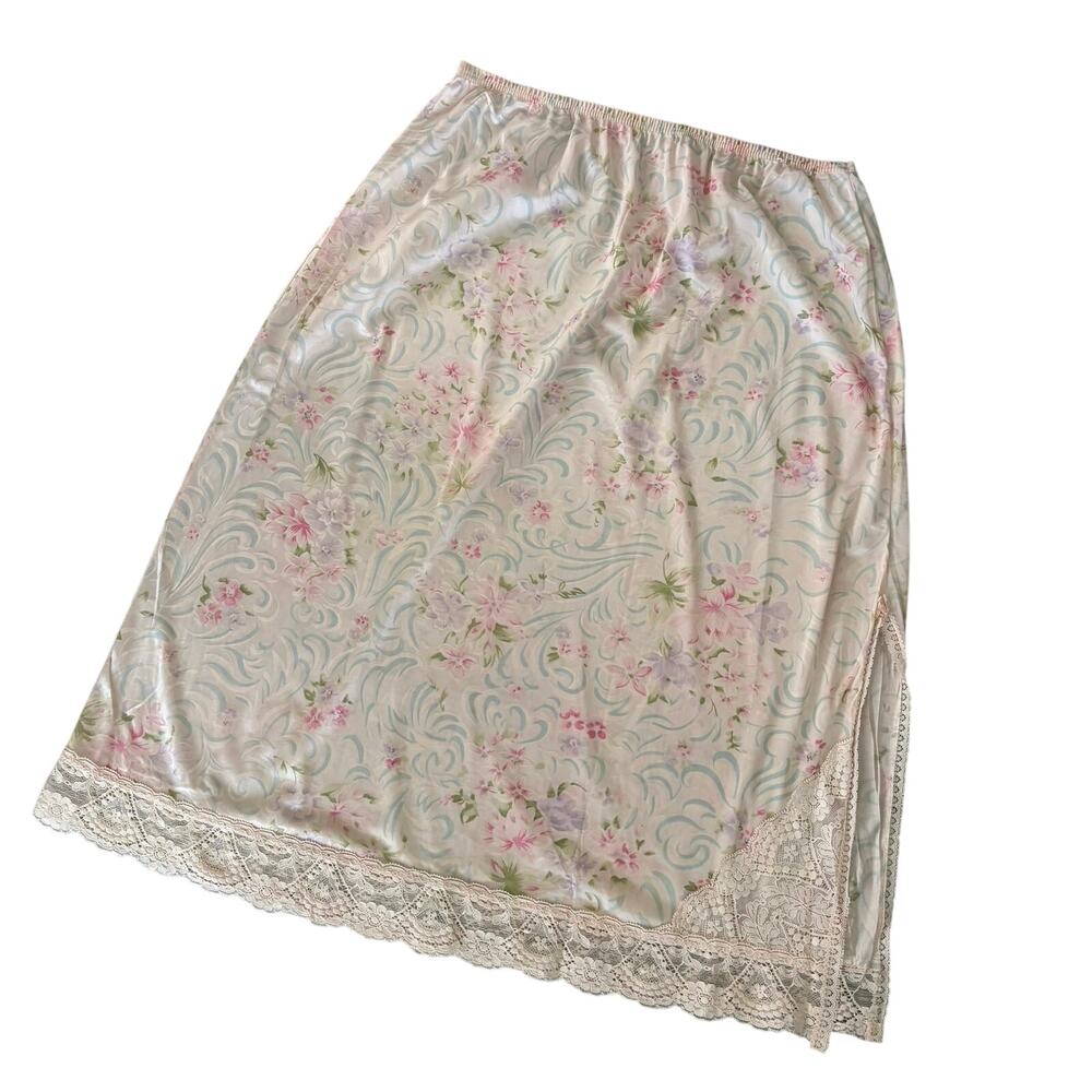 Vintage 80s Vanity Fair Peach Floral Lace Slip Skirt Slit Bow Dainty Coquette M - Picture 7 of 7